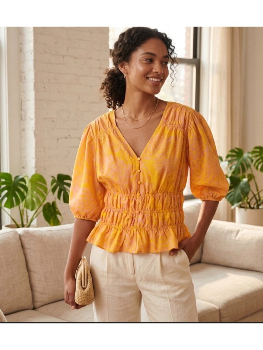 Yellow & Pink Puff-Sleeve Smocked Peplum Blouse With V-Neckline